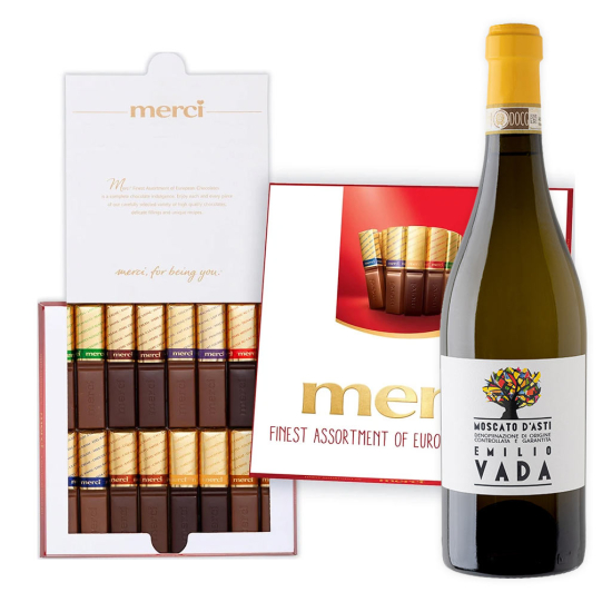 Emilio Vada Moscato d’Asti Wine and Merci Chocolate Box Emilio Vada Moscato d’Asti Wine and Merci Chocolate Box